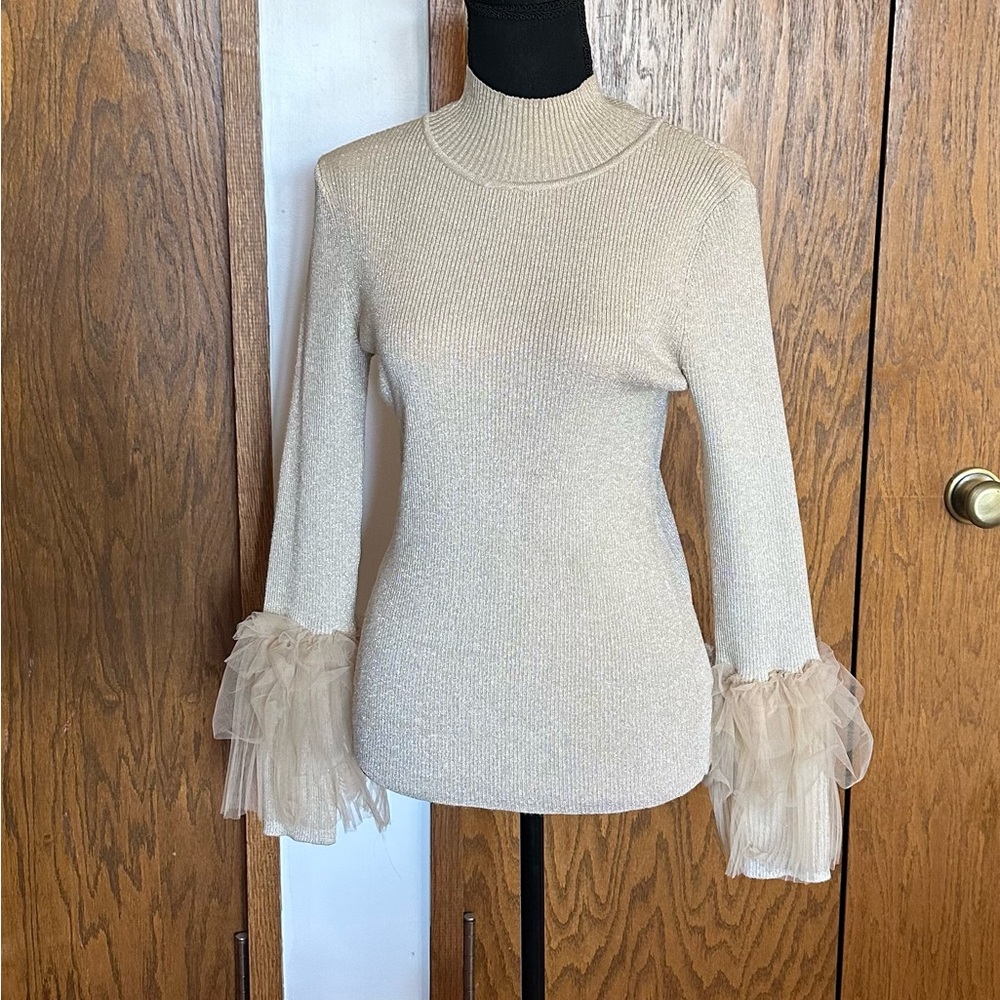 Vince Camuto Metallic Gold Sweater with Ruffle Sleeves